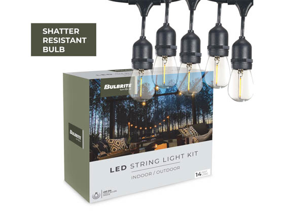 Bulbrite 812143 STRING10L/14FT/16IN/E26/BLACK/LED/S14 10 Socket, 14 Ft. String Light with Clear 2700K S14 LED Filament Bulbs