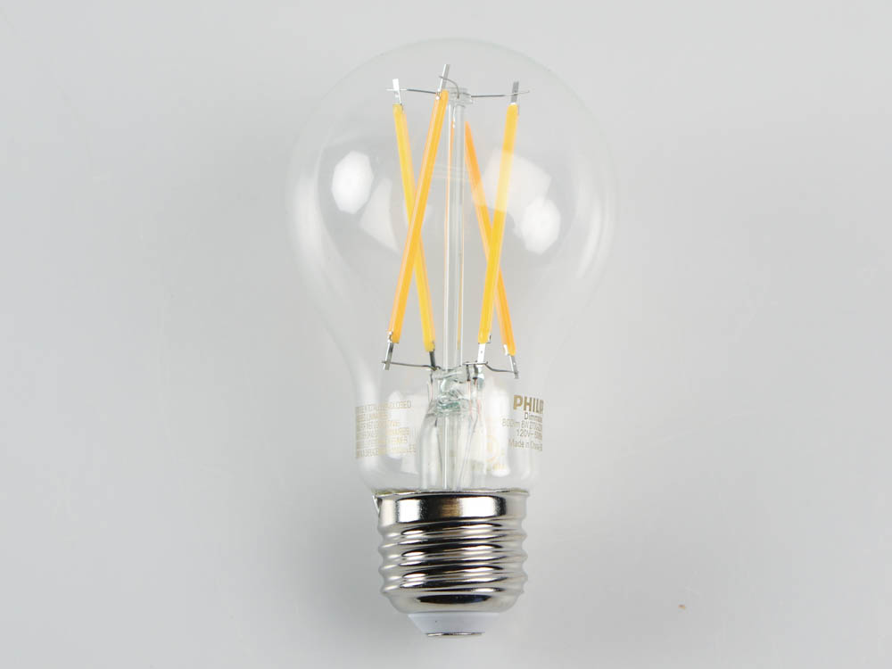 Philips Lighting 549493 8A19/PER/927-922/CL/G/E26/WGX 1FB T20 Philips Dimmable 8W Warm Glow 2700K-2200K 90 CRI Filament A-19 LED Bulb, Outdoor Rated, Title 20 Compliant