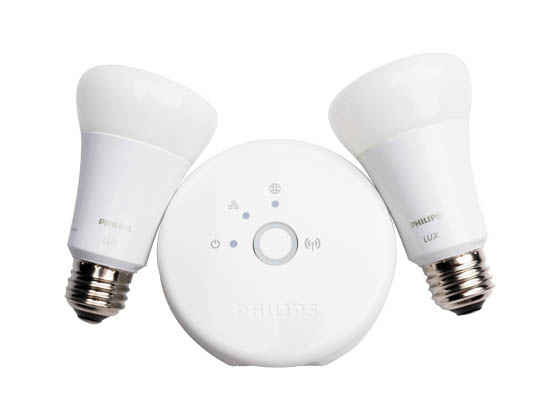 Philips Lighting 452714 Philips Hue Lux 9W A19 E26 Kit Philips Hue Lux A19 LED Starter Kit, Includes 2 Hue Lux LED A19 Bulbs, 1 Hue Bridge, 1 Ethernet Cable & 1 Power Adapter
