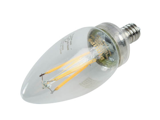 Philips Dimmable 3.3W Warm Glow 2700K-2200K 90 CRI Decorative LED Bulb, E12 Base, Wet Rated, Title 20 Compliant | 3.3B11/PER/927-922/CL/G/E12/WGX 1FB T20 Bulbs.com