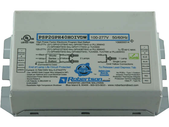 Robertson Worldwide PSP2GPH40HOIVDW Robertson Electronic Start for 1 or 2 Lamp 24-95W 100-277V