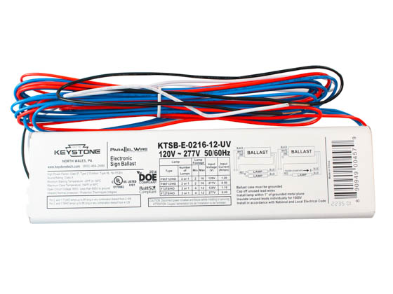 Keystone KTSB-E-0216-12-UV Parallel Wire Electronic Sign Ballast, 120-277 Volt for 1 or 2 F96T12/HO, F72T8/HO lamps
