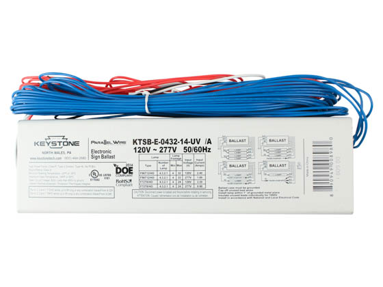 Keystone KTSB-E-0432-14-UV Parallel Wire Electronic Sign Ballast, 120-277 Volt for 1 to 4 F96T12/HO, F72T8/HO lamps