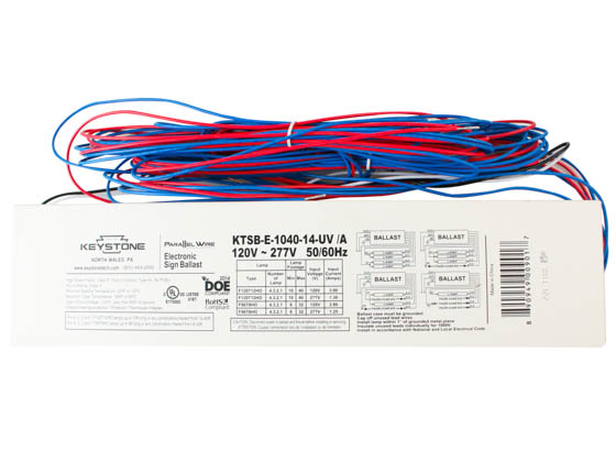 Keystone KTSB-E-1040-14-UV Parallel Wire Electronic Sign Ballast, 120-277 Volt for 1 to 4  F120T12/HO, F96T8/HO lamps
