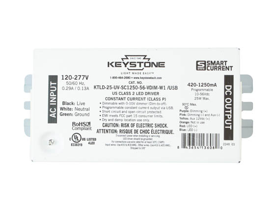 Keystone KTLD-25-UV-SC1250-56-VDIM-W1/U KTLD-25-UV-SC1250-56-VDIM-W1 /USB 25 Watt 420-1250mA Dimmable Programmable Constant Current LED Driver