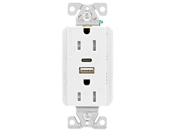Eaton TRUSBAC15W-BOX Duplex Receptacle With USB Type A and Type C Charger, Tamper Resistant, 15 Amp, 125 Volt, White Finish