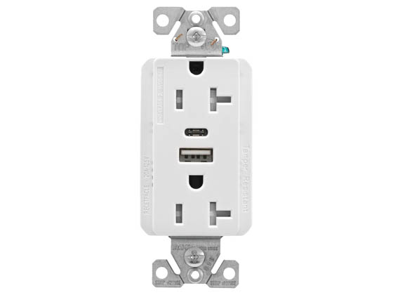 Eaton TRUSBAC20W-BOX Duplex Receptacle With USB Type A and Type C Charger, Tamper Resistant, 20 Amp, 125 Volt, White Finish