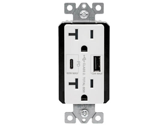 Eaton TRUSBPDAC20W-BOX Duplex 20 Amp Receptacle With 60 Watt USB Power Delivery, Type A and Type C, Tamper Resistant, 125 Volt, White Finish