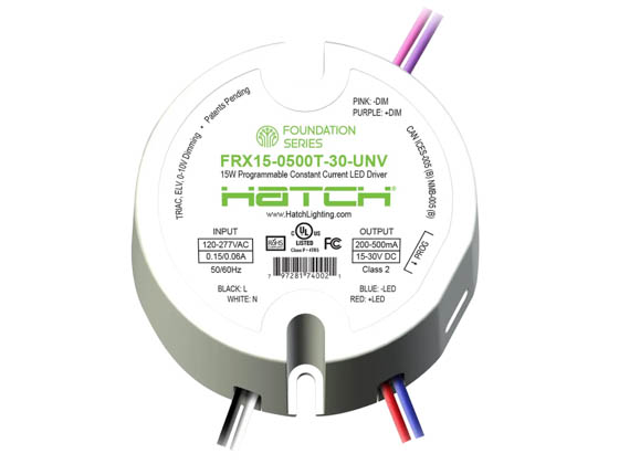 Hatch Transformers FRX15-0500T-30-UNV Hatch Foundation Series 15W, 120-277V, 500mA Max, Software Programmable, Tri-Dim LED driver.