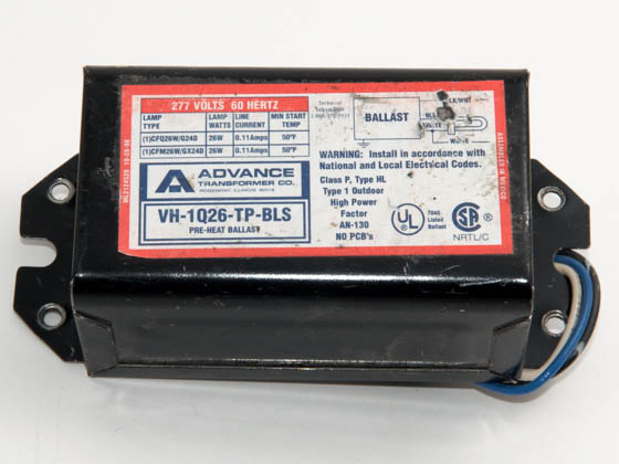 Advance Transformer VH1Q26TPBLSM VH1Q26TPBLSM (DISCONTINUED) Philips Advance 26 Watt, 277 Volt One Lamp Plug-in CFL Magnetic Ballast