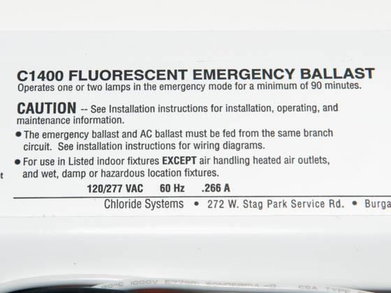 Chloride C1400 1400 Lumen, One or Two Lamp, 90 Minute Fluorescent Lamp Emergency Ballast