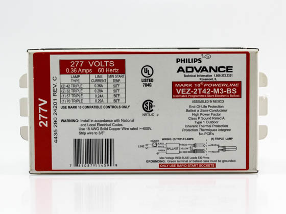 Advance Transformer VEZ2T42M3LBS VEZ-2T42-M3-BS Philips Advance Electronic Dimming Ballast 277V for (2) 42W CFL on Line Voltage Switches