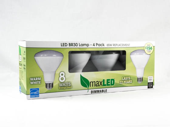 MaxLite 73760 HC8BR30DLED27-RB4 Dimmable 8W 2700K BR30 LED Bulb, 4-Pack
