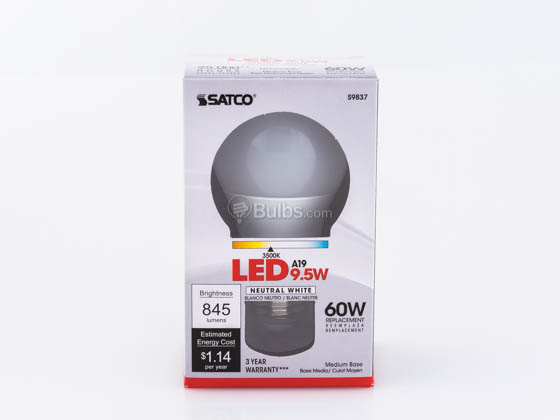 Satco Products, Inc. S9837 9.5A19/OMNI/220/LED/35K Satco Dimmable 9.5W 3500K A19 LED Bulb, Enclosed Rated