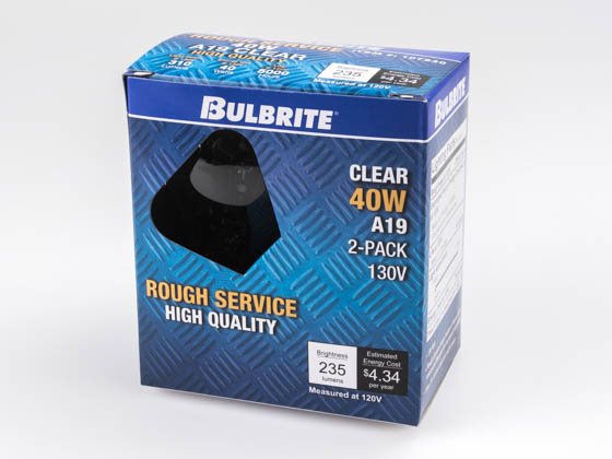 Bulbrite 107240 40A/CL/RS-2PK 40W 130V Clear A19 Rough Service Bulb, 2 Pack E26 Base
