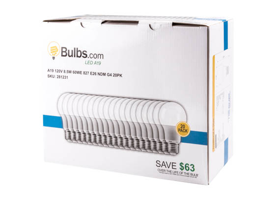 Bulbs.com 281231 A19 120V 8.5W 60WE 827 E26 NDM G4 20PK 8.5 Watt Non-Dimmable 2700K A-19 LED Bulb
