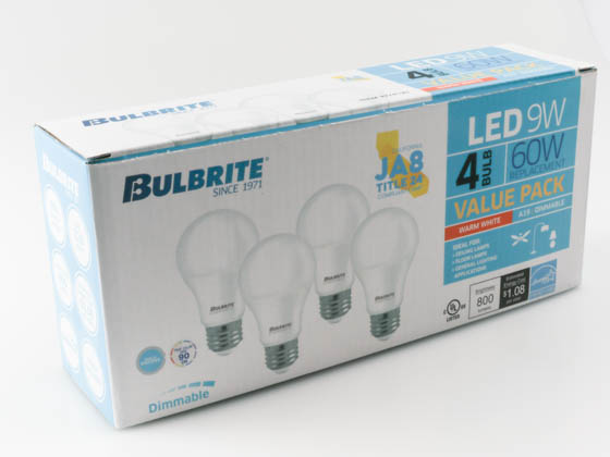 Bulbrite 774120 LED9A19/927/J/D/4PK (use 774100) Dimmable 9 Watt 2700K A19 LED Bulb 4PK, JA8 Compliant, Enclosed Rated