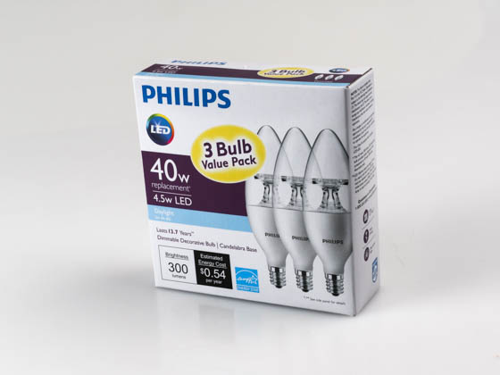 Philips Lighting 463901 4.5B11/LED/850/E12/DIM 120V Philips Dimmable 4.5W 5000K Decorative LED Bulb, E12 Base, 3-Pack