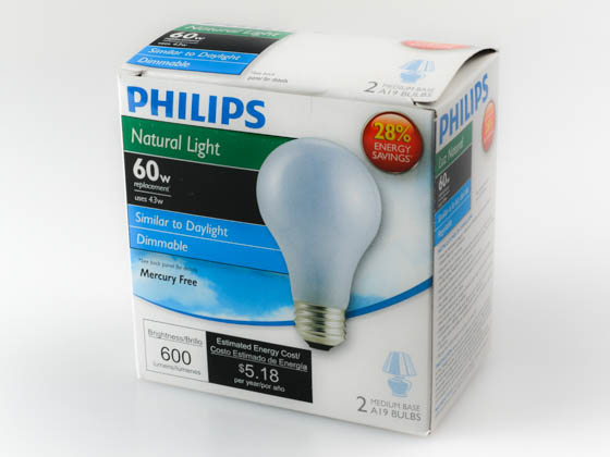 Philips Lighting 475871 43A19/EV/NTL 120V Philips 43W 120V A19 Natural Light Halogen Bulb, 2-Pack