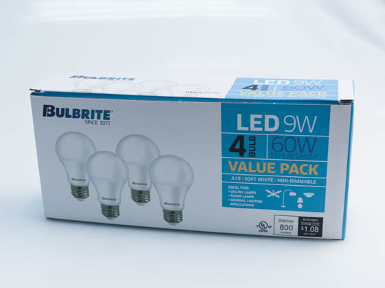 Bulbrite 774109 LED9A19/830/4PK/2 Non-Dimmable 9W 3000K A19 LED Bulb