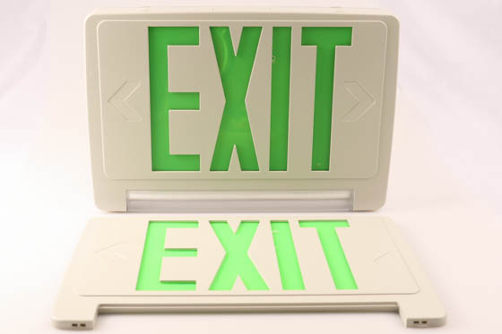 Exitronix GCLED-U-WH LED Exit/Emergency Sign With Light Bar, Green Letters, Battery Backup, and Remote Head Capability.