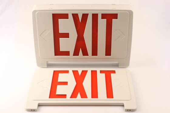 Exitronix CLED-U-WH LED Exit/Emergency Sign With Light Bar, Red Letters, Battery Backup, and Remote Head Capability.