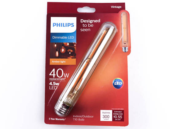 Philips Lighting 537605 4.5T10/VIN/820/E26/CL/GL/DIM Philips Dimmable 4.5W 2000K Vintage T10 Filament LED Bulb, Title 20 Compliant, Outdoor Rated