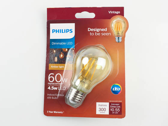 Philips Lighting 470393 4.5A19/VIN/822/E26/CL/GL/DIM Philips Dimmable 4.5W 2200K Vintage A19 Filament LED Bulb, Outdoor Rated