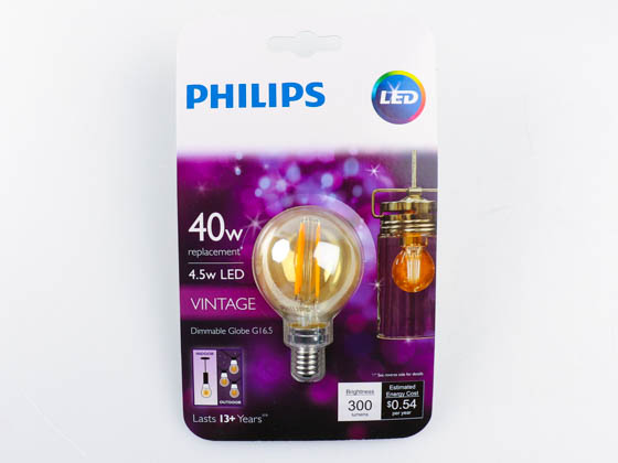 Philips Lighting 470427 4.5G16.5/AMB/820/E12/CL/DIM Philips Dimmable 4.5W 2200K Vintage G-16.5 Filament LED Bulb, Outdoor and Enclosed Rated