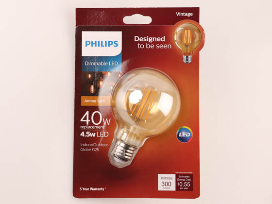 Philips Lighting 537589 4.5G25/VIN/820/E26/CL/GL/DIM 4/1BC T20 Philips Dimmable 4.5W 2000K Vintage G25 Filament LED Bulb