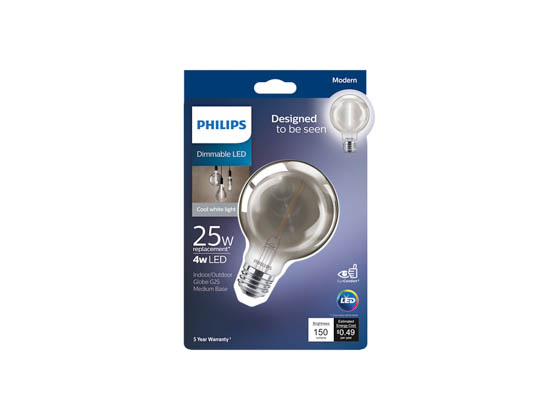 Philips Lighting 543124 4G25/MOD/840/E26/CL/GL/DIM Philips Dimmable 4W 4000K Smokey Finish Filament G25 Globe LED Bulb, Wet Rated