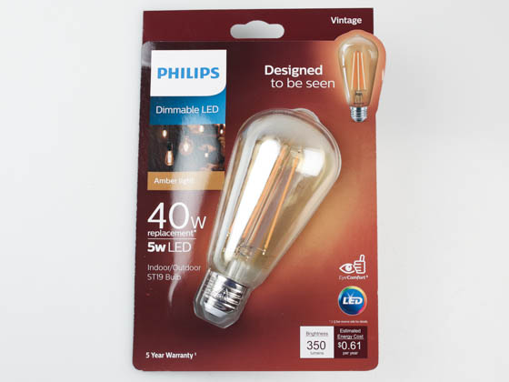 Philips Lighting 537571 5ST19/VIN/820/E26/CL/GL/DIM 4/1BC T20 Philips Dimmable 5W 2000K Vintage ST19 Filament LED Bulb, Wet Rated, Title 20 Compliant