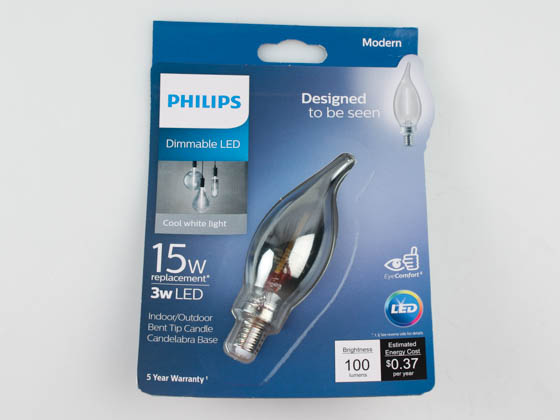Philips Lighting 543173 3BA11/MOD/840/E12/CL/GL/DIM 8/1BC Philips Dimmable 3W 4000K Smokey Finish Decorative Filament LED Bulb, Wet Rated
