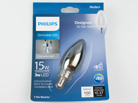 Philips Lighting 543181 3B11/MOD/840/E12/CL/GL/DIM 8/1BC Philips Dimmable 3W 4000K Smokey Finish Decorative Filament LED Bulb, Wet Rated
