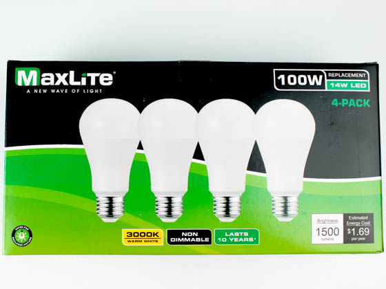 MaxLite 102590 E14A19NDV30/4P Maxlite Non-Dimmable 14W 3000K A19 LED Bulb, Enclosed Fixture Rated