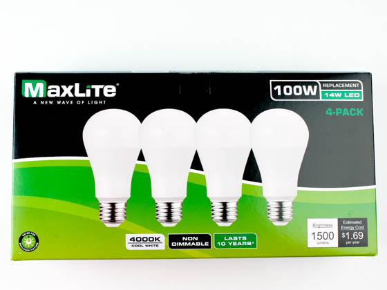 MaxLite 103104 E14A19NDV40/4P Maxlite Non-Dimmable 14W 4000K A19 LED Bulb, Enclosed Fixture Rated