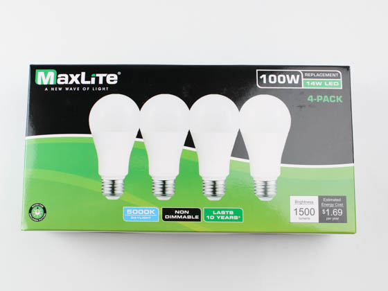 MaxLite 102591 E14A19NDV50/4P Maxlite Non-Dimmable 14W 5000K A19 LED Bulb, Enclosed Fixture Rated