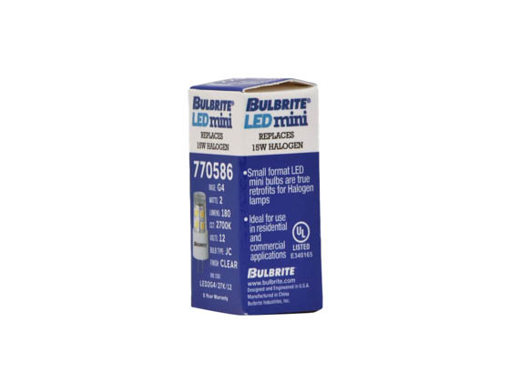 Bulbrite 770586 LED2G4/27K/12 Dimmable 2W 12V 2700K JC LED Bulb, G4 Base, Enclosed Rated