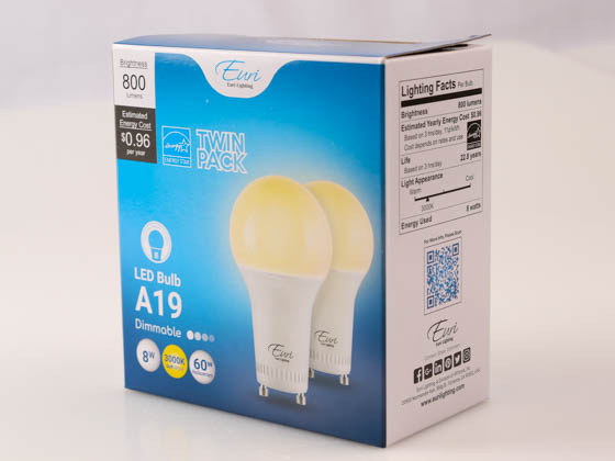 Euri Lighting EA19-8W2000eG-2 Dimmable 8W 3000K A19 LED Bulb, GU24 Base, Enclosed Fixture Rated