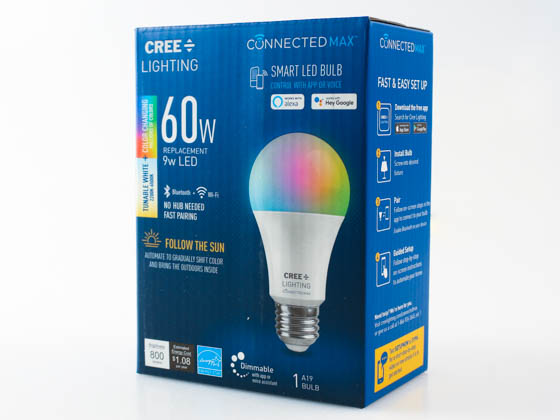 Cree Lighting CMA19-60W-AL-9ACK Cree Tunable White & Color Changing Bluetooth & WiFi 9 Watt 90 CRI A19 LED Bulb, No Hub Needed, Title 20 Compliant