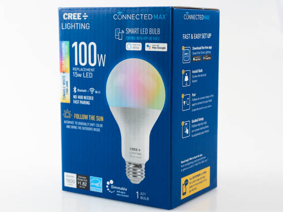 Cree Lighting CMA21-100W-AL-9ACK Cree Tunable White & Color Changing Bluetooth & WiFi 15 Watt 90 CRI A19 LED Bulb, No Hub Needed, Title 20 Compliant