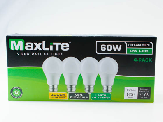 MaxLite 102609 E9A19NDV30/4P Maxlite 9W 3000K A19 LED Bulb, Non-Dimmable, Enclosed Fixture Rated (4-Pack)