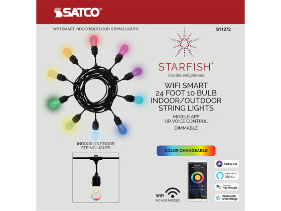 Satco Products, Inc. S11272 10W/LED/STRING/RGBW/SF Satco Starfish 10 Watt 24 Foot 10 Light Outdoor LED String Light, Warm White and Color Changing