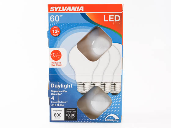 Sylvania LED8A19DIMO95013YNLRP4 Dimmable 8 Watt 5000K A-19 LED Bulb, Damp Location Rated (Pack of 4)