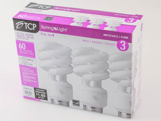 TCP 801014413 14W/4100K Spiral 14W Cool White Spiral CFL Bulb, E26 Base (3-Pack)
