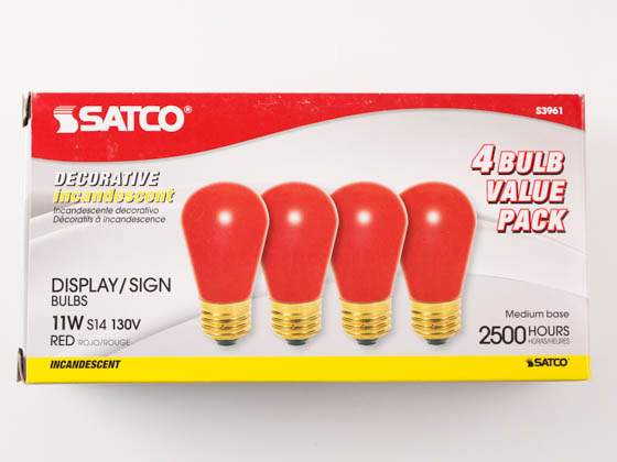 Satco Products, Inc. S3961 11S14 RED 4-PACK Satco 11W 130V S14 Red Sign or Indicator Bulb, E26 Base