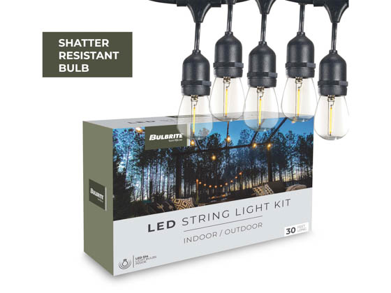 Bulbrite 812313 STRING12L/30FT/30IN/E26/BLACK/LED/S14 12 Socket, 30 Ft. String Light with Clear 1W 2700K S14 LED Filament Bulbs Included