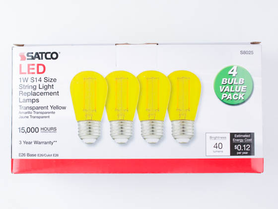 Satco Products, Inc. S8025 1W/LED/S14/YELLOW/120V/ND/4PK Satco 1 Watt Transparent Yellow S14 LED Filament Bulb, E26 Base (Pack of 4)