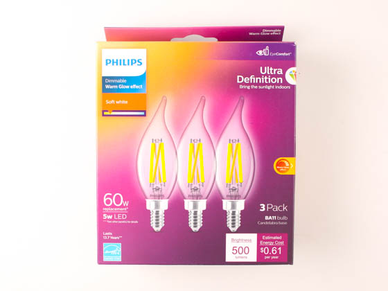 Philips Lighting 566687 5BA11/PER/UD/CL/G/E12/WGD 6/3PF T20 Philips Dimmable 5.5W Warm Glow 2700K-2200K 90 CRI Decorative LED Bulb, E12 Base, Wet Rated, Title 20 Compliant (Pack of 3)