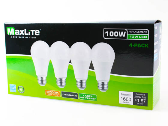 MaxLite 106300 E13A19D27/4P/WS1S Maxlite Dimmable 13W 2700K A19 LED Bulb, Enclosed Fixture Rated (Pack of 4)